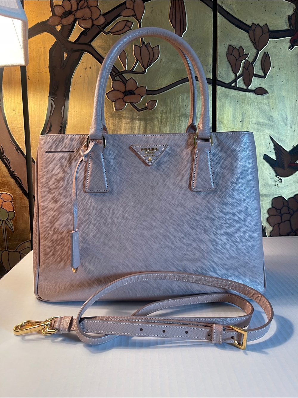 Prada Galleria Nude Saffiano Leather Double-Handle Satchel with Strap